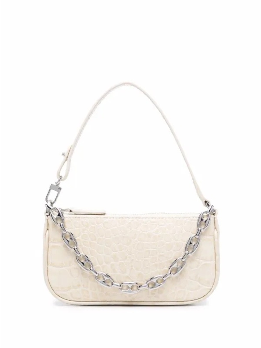 By Far - Mini Rachel - Cream Croc-Embossed Shoulder Bag with Silver Chain